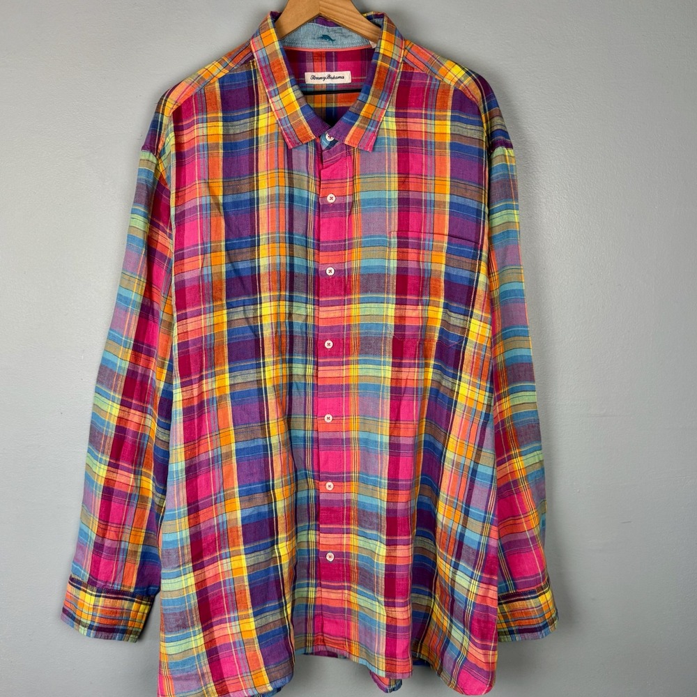 Tommy‎ Bahama Mens XXXL Colorful Plaid Linen Long Sleeve Button Up Shirt Coastal - Picture 2 of 8